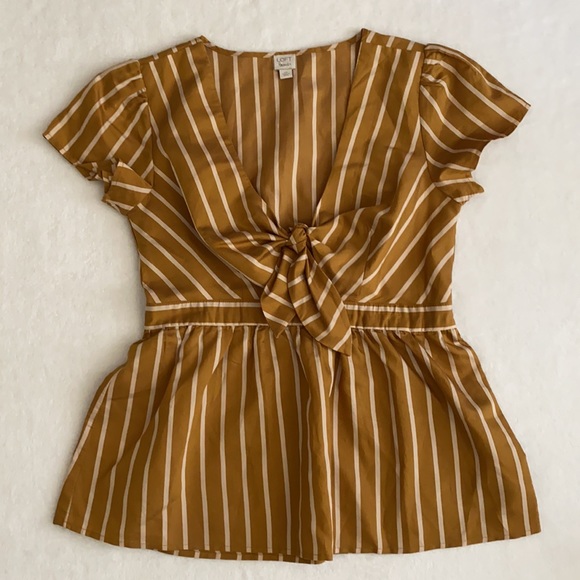 Loft Beach | V-Neck Striped Keyhole Tie Front Short Sleeve Peplum Top Bronze XXS - Picture 16 of 16